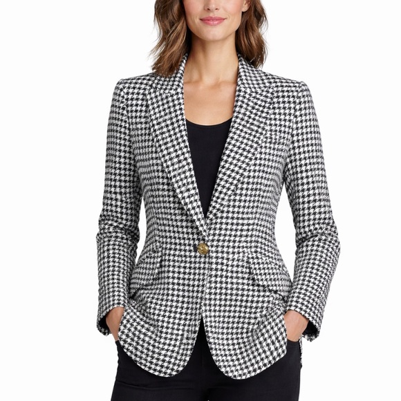 Aqua Houndstooth Blazer Women Black White Tailored One Button Classic Jacket - Picture 10 of 10